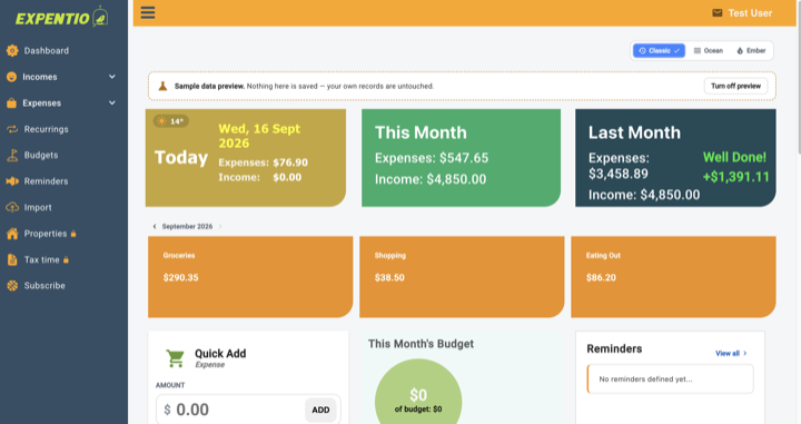The Expentio dashboard: this month's spending and income, budget progress and quick-add categories, with Import and Tax time in the sidebar