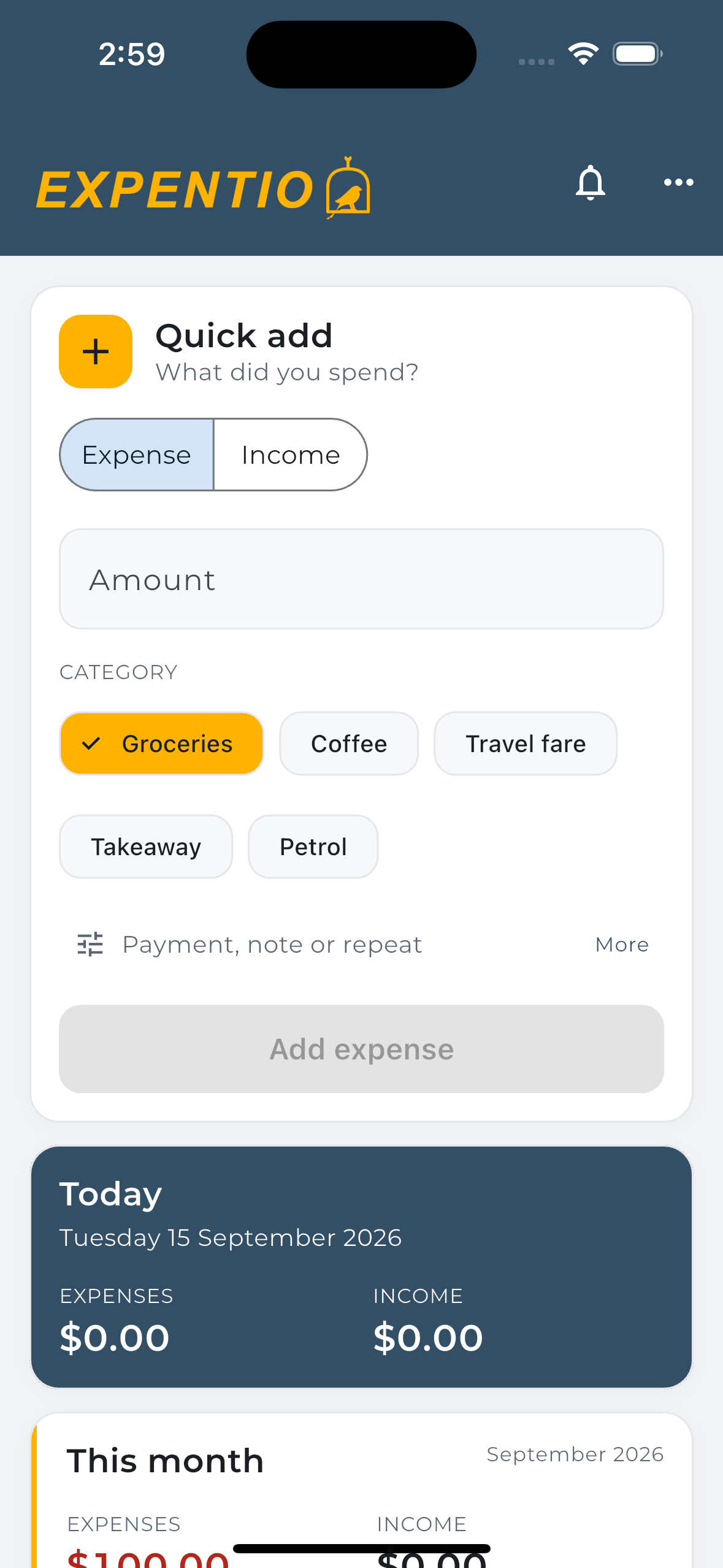 The Expentio iPhone app on the Quick add screen: a choice of Expense or Income, an amount field, category chips for Groceries, Coffee, Travel fare, Takeaway and Petrol, a payment, note or repeat field and an Add expense button, above today's and this month's expense and income totals